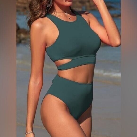 Zaful Other - Zaful Women Two-Piece Swimsuit Medium Bikini Green High-Waisted Cutout Back Tie